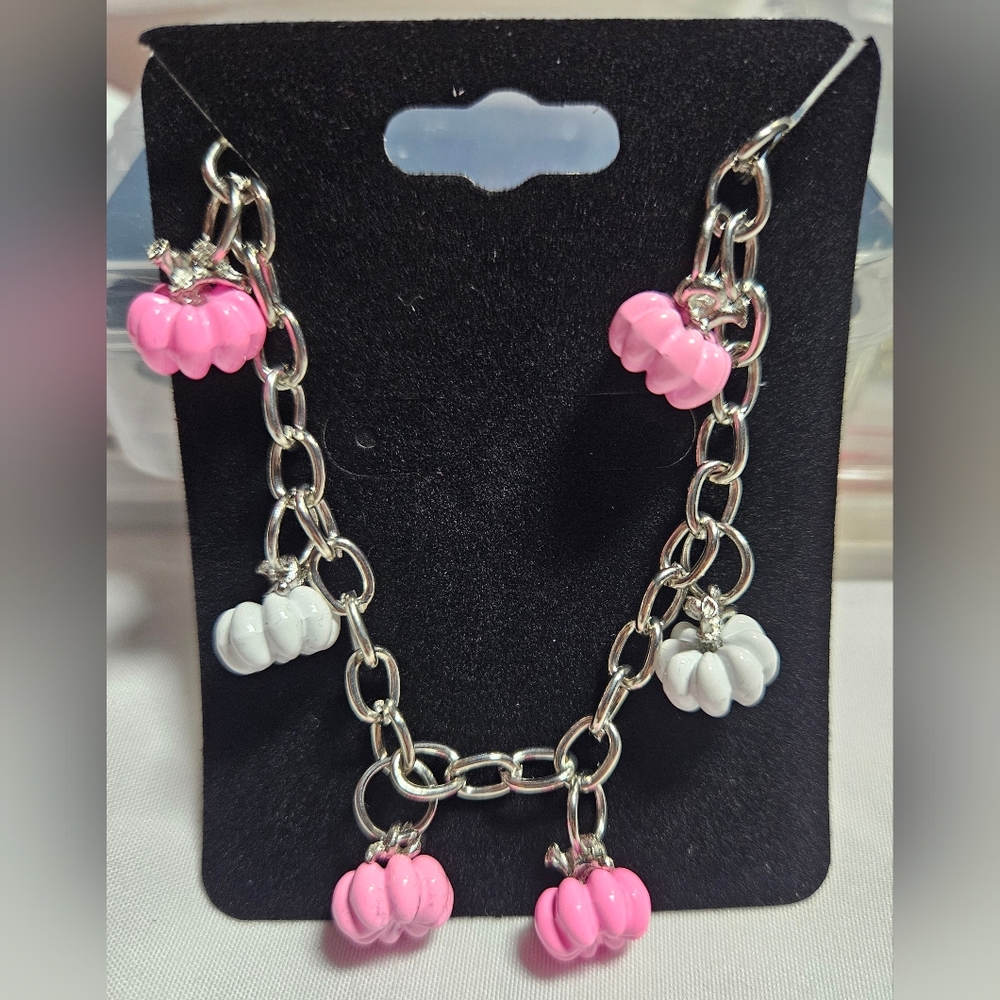 Handmade Pink & White Pumpkin Charm Bracelet | Fall | Halloween Jewelry